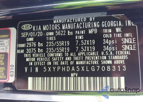 2020 Kia Sorento 3.3L Ex z USA, uszkodzony, nr VIN 5XYPHDA5XLG708313